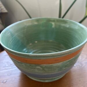 Artisan Ceramic Bowl with Green and Orange Accents